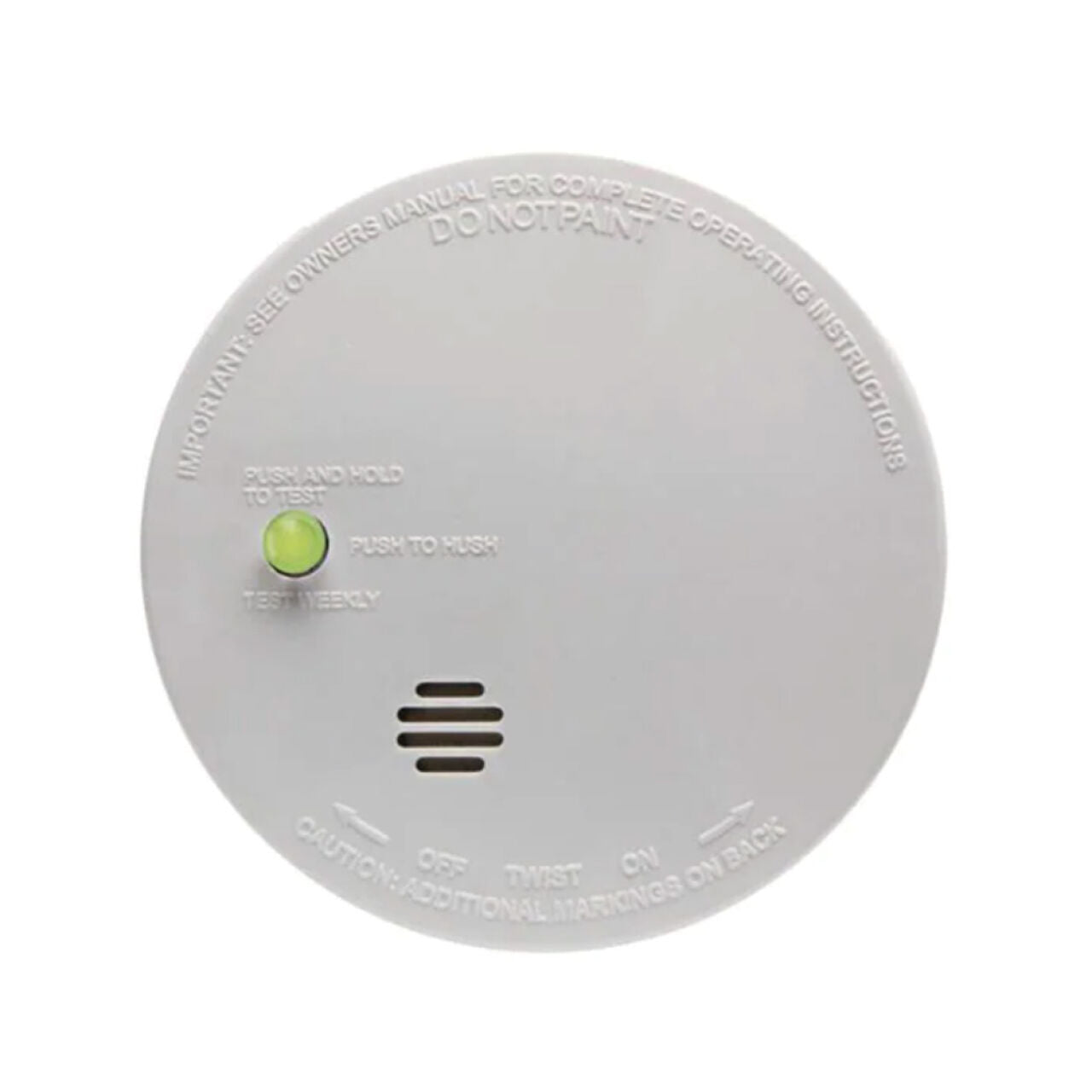 The Go Build Smoke Detector - Battery Powered with Ionization Sensor is a round white unit with a green test button and speaker grille. Instructions and warnings are printed around the edge of the device.